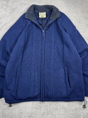 Aran Woollen Mills Blue Wool Cable Knit Full Zip Fisherman Sweater Lined Size L